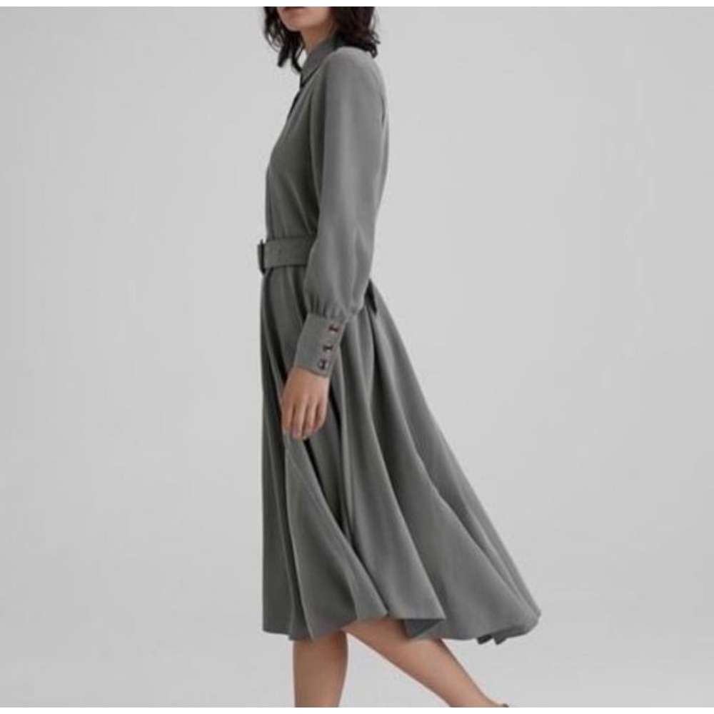 M11 Club Monaco Curve Hem Shirt Dress Grey Green Olive Midi Belted Robe NWT Sz 0